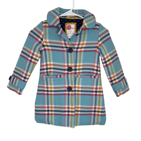 Girls Mini Boden Blue Plaid Wool Blend Button Front Coat, 4-5Y